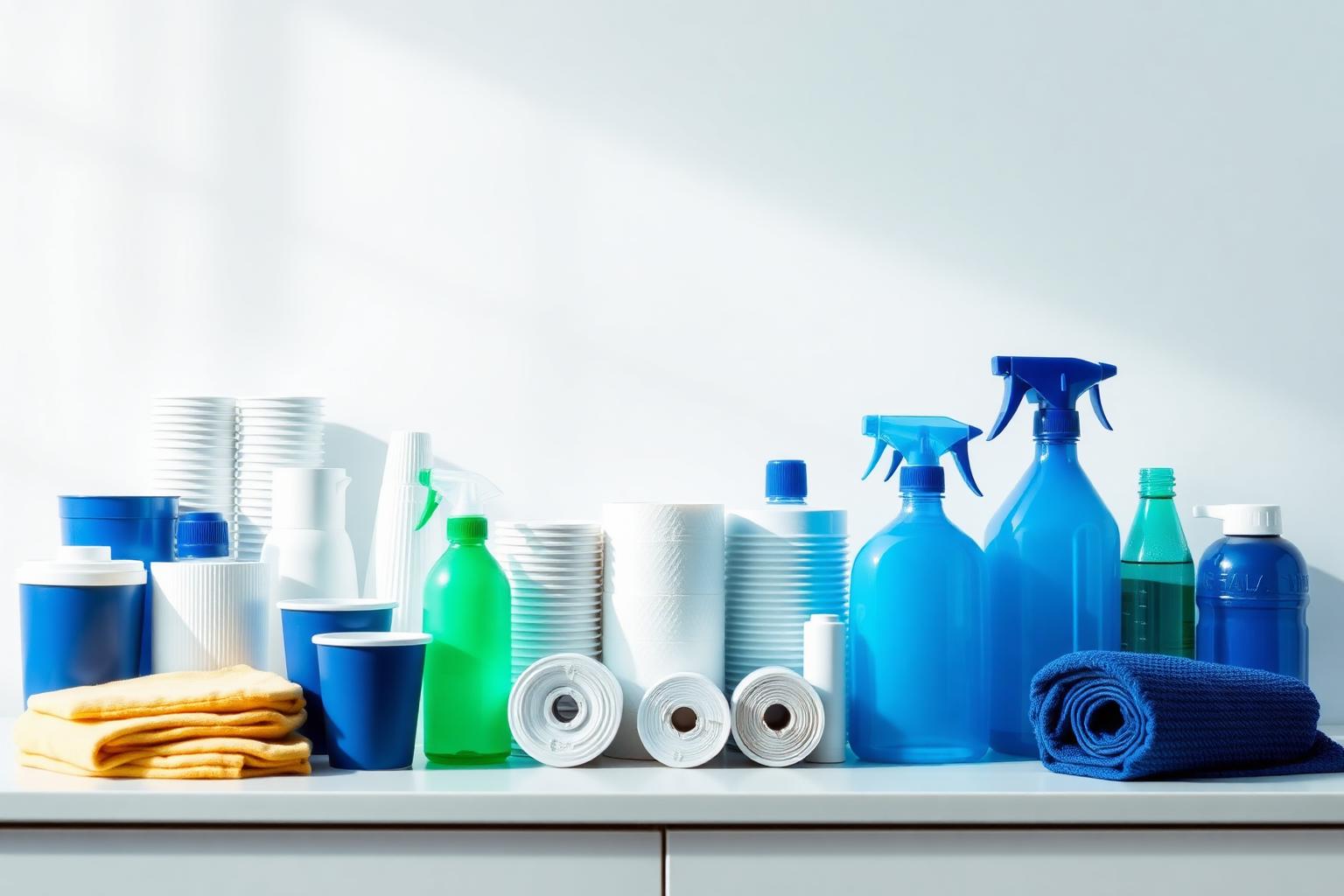 Produtos de limpeza profissional e descartáveis organizados